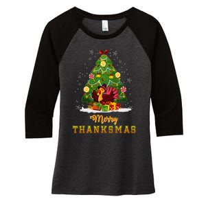 Turkey Tree Santa Merry Thanksmas Christmas Thanksgiving Women's Tri-Blend 3/4-Sleeve Raglan Shirt