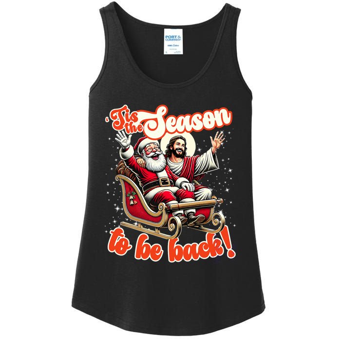 Tis The Season To Be Back Jesus Santa Claus Christmas Family Ladies Essential Tank