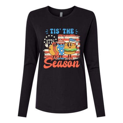 Tis The Season 4th Of July Hot Dog Retro America USA Flag Womens Cotton Relaxed Long Sleeve T-Shirt