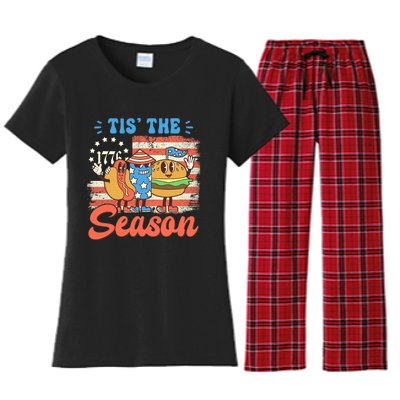 Tis The Season 4th Of July Hot Dog Retro America USA Flag Women's Flannel Pajama Set