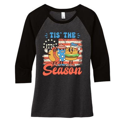 Tis The Season 4th Of July Hot Dog Retro America USA Flag Women's Tri-Blend 3/4-Sleeve Raglan Shirt