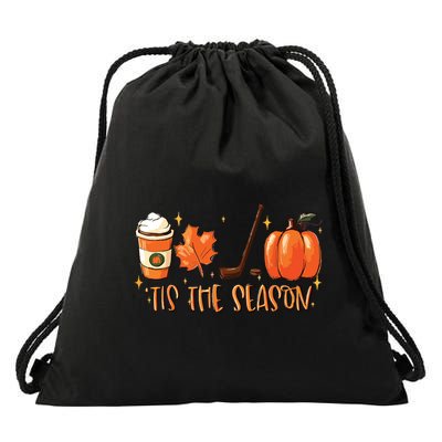 Tis The Season Hockey Latte Leaves Hello Pumpkin Halloween Drawstring Bag