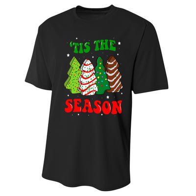 Tis' The Season Christmas Tree Cakes Debbie Groovy Performance Sprint T-Shirt