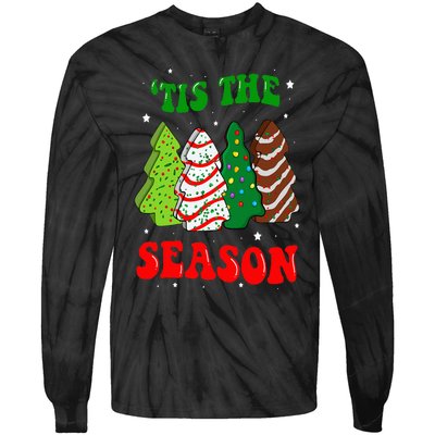 Tis' The Season Christmas Tree Cakes Debbie Groovy Tie-Dye Long Sleeve Shirt