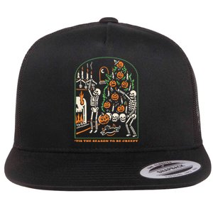 Tis The Season to Be Creepy Skeleton Halloween Spooky Season Flat Bill Trucker Hat