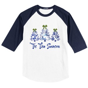 Tis The Season Chinoiserie Christmas Trees Funny Holiday  Baseball Sleeve Shirt