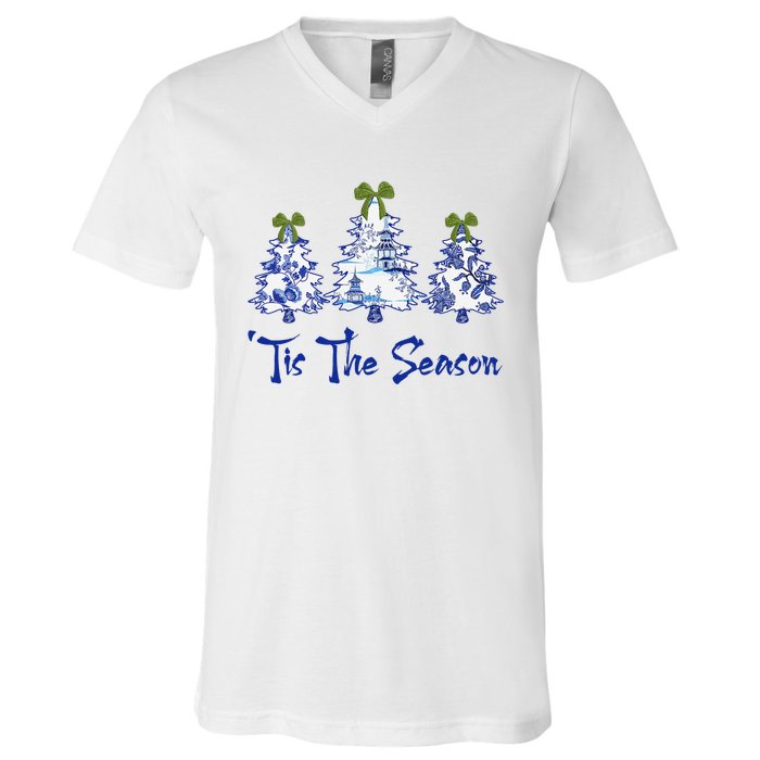 Tis The Season Chinoiserie Christmas Trees Funny Holiday  V-Neck T-Shirt