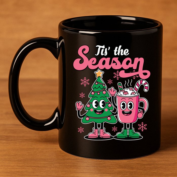 Tis The Season Christmas Tree Hot Coco Festive Retro 11oz C Handle Ceramic Mug
