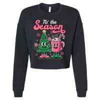 Tis The Season Christmas Tree Hot Coco Festive Retro Cropped Pullover Crew