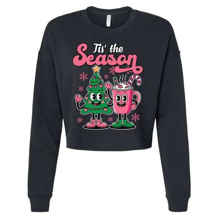Tis The Season Christmas Tree Hot Coco Festive Retro Cropped Pullover Crew