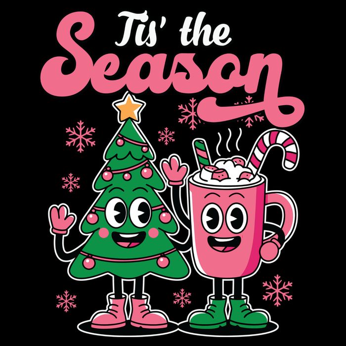Tis The Season Christmas Tree Hot Coco Festive Retro Cropped Pullover Crew