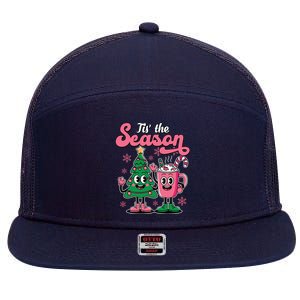 Tis The Season Christmas Tree Hot Coco Festive Retro 7 Panel Mesh Trucker Snapback Hat