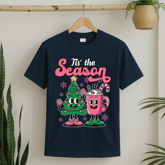Tis The Season Christmas Tree Hot Coco Festive Retro T-Shirt
