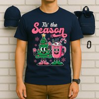 Tis The Season Christmas Tree Hot Coco Festive Retro T-Shirt