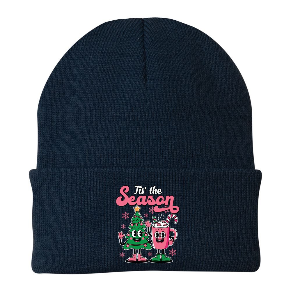 Tis The Season Christmas Tree Hot Coco Festive Retro Beanie