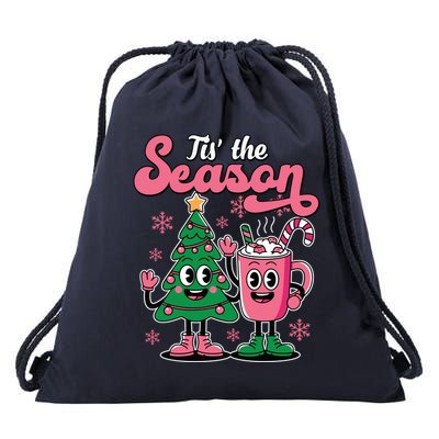Tis The Season Christmas Tree Hot Coco Festive Retro Drawstring Bag