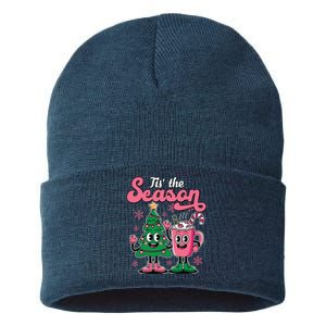 Tis The Season Christmas Tree Hot Coco Festive Retro Sustainable Knit Beanie