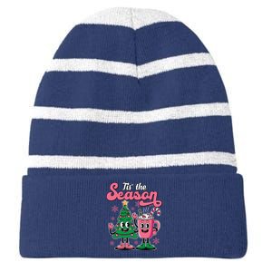 Tis The Season Christmas Tree Hot Coco Festive Retro Striped Beanie with Solid Band