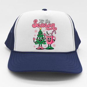 Tis The Season Christmas Tree Hot Coco Festive Retro Trucker Hat