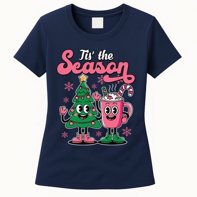 Tis The Season Christmas Tree Hot Coco Festive Retro Womens T-Shirt
