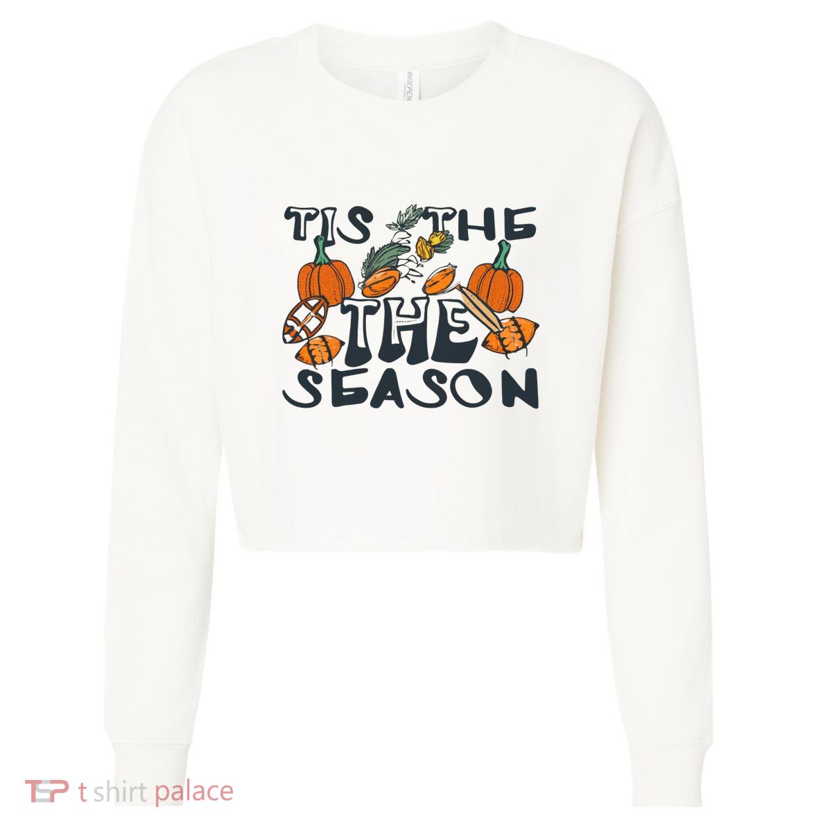 TIS THE SEASON FALL FOOTBALL THANKSGIVING PUMPKIN SPICE Cropped Pullover Crew