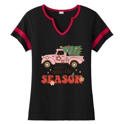 Tis The Season Groovy Vibes Truck Family Christmas Tree Xmas Cool Gift Ladies Halftime Notch Neck Tee