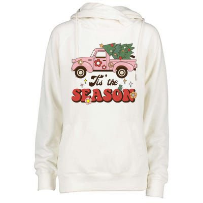 Tis The Season Groovy Vibes Truck Family Christmas Tree Xmas Cool Gift Womens Funnel Neck Pullover Hood