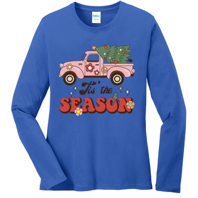 Tis The Season Groovy Vibes Truck Family Christmas Tree Xmas Cool Gift Ladies Long Sleeve Shirt