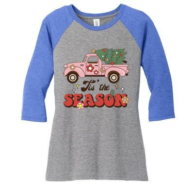 Tis The Season Groovy Vibes Truck Family Christmas Tree Xmas Cool Gift Women's Tri-Blend 3/4-Sleeve Raglan Shirt