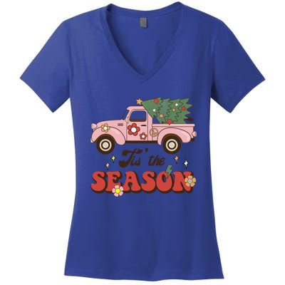 Tis The Season Groovy Vibes Truck Family Christmas Tree Xmas Cool Gift Women's V-Neck T-Shirt