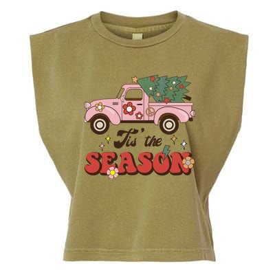 Tis The Season Groovy Vibes Truck Family Christmas Tree Xmas Cool Gift Garment-Dyed Women's Muscle Tee