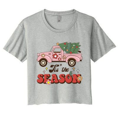 Tis The Season Groovy Vibes Truck Family Christmas Tree Xmas Cool Gift Women's Crop Top Tee