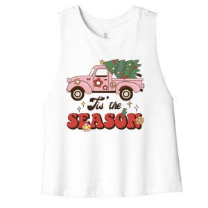 Tis The Season Groovy Vibes Truck Family Christmas Tree Xmas Cool Gift Women's Racerback Cropped Tank