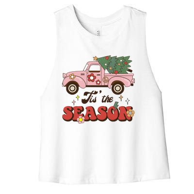 Tis The Season Groovy Vibes Truck Family Christmas Tree Xmas Cool Gift Women's Racerback Cropped Tank