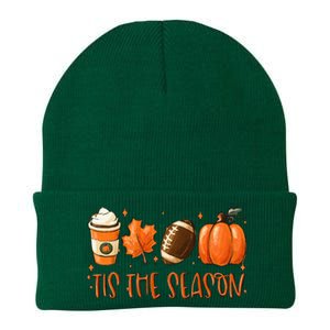 Tis The Season Pumpkin Leaf Latte Fall Thanksgiving Football Knit Cap Winter Beanie