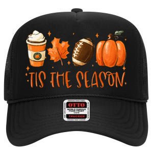 Tis The Season Pumpkin Leaf Latte Fall Thanksgiving Football High Crown Mesh Back Trucker Hat