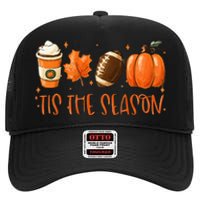 Tis The Season Pumpkin Leaf Latte Fall Thanksgiving Football High Crown Mesh Back Trucker Hat