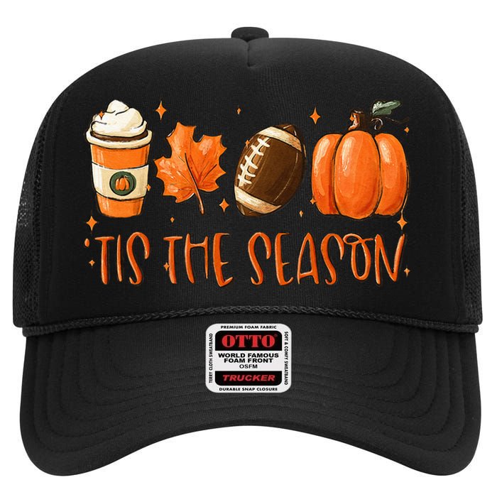 Tis The Season Pumpkin Leaf Latte Fall Thanksgiving Football High Crown Mesh Back Trucker Hat