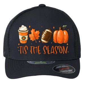 Tis The Season Pumpkin Leaf Latte Fall Thanksgiving Football Flexfit Unipanel Trucker Cap