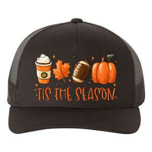 Tis The Season Pumpkin Leaf Latte Fall Thanksgiving Football Yupoong Adult 5-Panel Trucker Hat