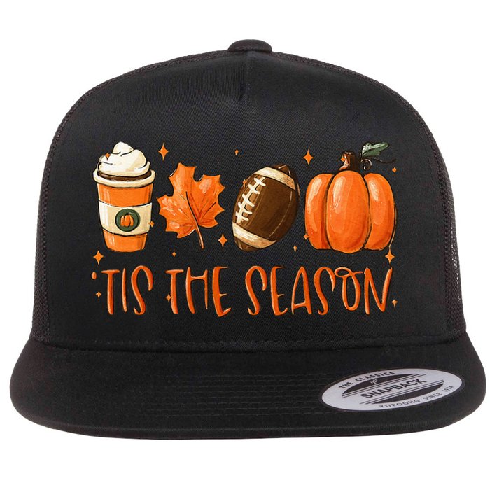 Tis The Season Pumpkin Leaf Latte Fall Thanksgiving Football Flat Bill Trucker Hat