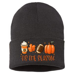 Tis The Season Pumpkin Leaf Latte Fall Thanksgiving Football Sustainable Knit Beanie