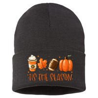 Tis The Season Pumpkin Leaf Latte Fall Thanksgiving Football Sustainable Knit Beanie