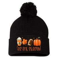 Tis The Season Pumpkin Leaf Latte Fall Thanksgiving Football Pom Pom 12in Knit Beanie