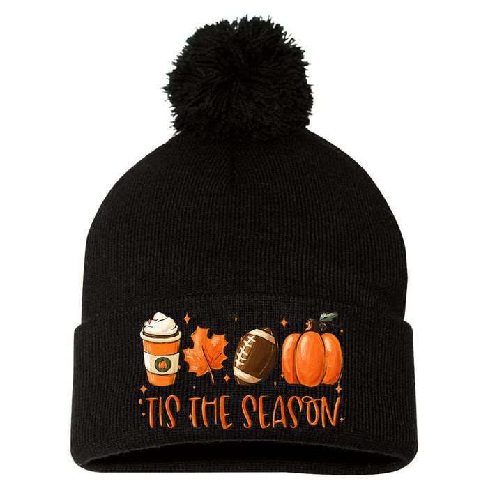 Tis The Season Pumpkin Leaf Latte Fall Thanksgiving Football Pom Pom 12in Knit Beanie