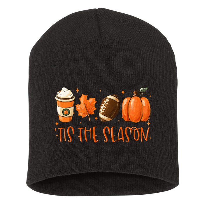 Tis The Season Pumpkin Leaf Latte Fall Thanksgiving Football Short Acrylic Beanie