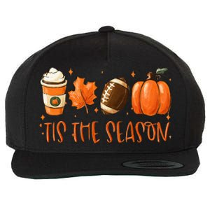 Tis The Season Pumpkin Leaf Latte Fall Thanksgiving Football Wool Snapback Cap