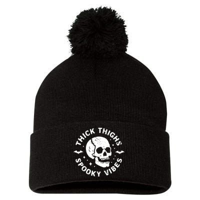 Thick Thighs Spooky Vibes Skull Funny Halloween Pom Pom 12in Knit Beanie