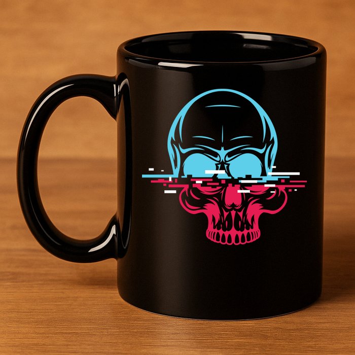 Two Tone Skull With Distortion 11oz C Handle Ceramic Mug