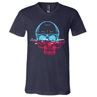 Two Tone Skull With Distortion V-Neck T-Shirt